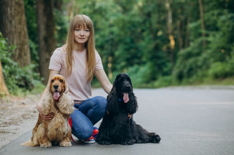 Une femme aux cheveux longs, vêtue d'un t-shirt rose et d'un jean, est assise sur un trottoir dans un parc boisé avec deux chiens de race Cocker Spaniel, un de couleur marron et l'autre de couleur noire, tous deux avec la langue sortie.